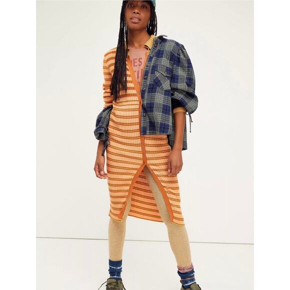 NEW Free People Vista Cardi Orange Striped Ribbed Sweater Midi Dress Size Small - Picture 2 of 12